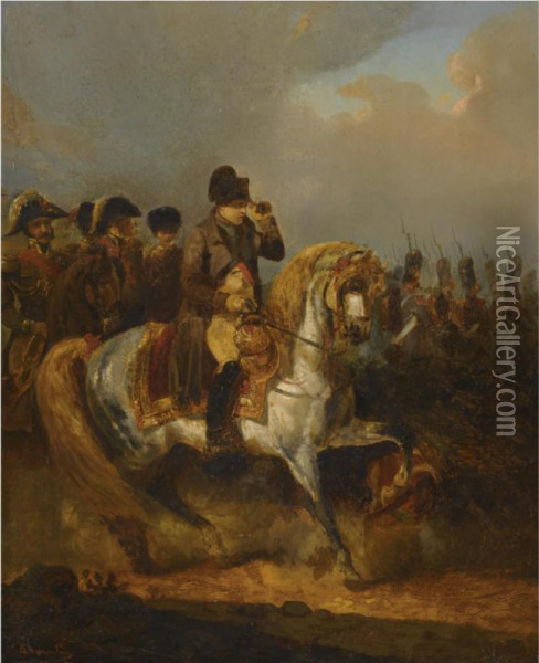 Napoleon Bonaparte And His Etat Major Advancing Into Battle Oil Painting - Eugene Dumoulin