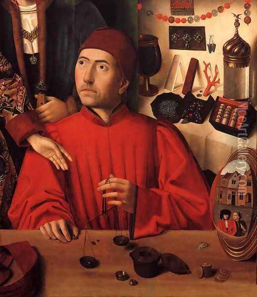 St Eligius in His Workshop 1449 2 Oil Painting - Petrus Christus
