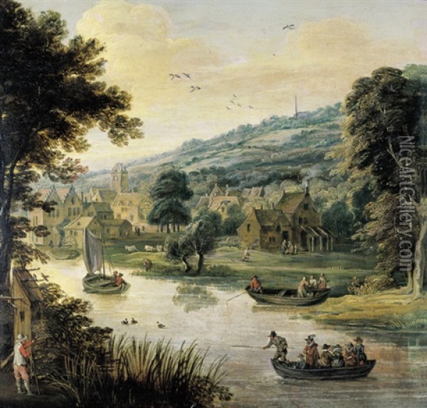 Heuvelachtig Landschap Met Dorp Aan Een Rivier Oil Painting - Frans de Momper