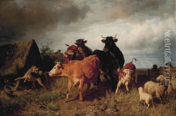 Cows And Sheep In A Field Oil Painting - Anton Braith