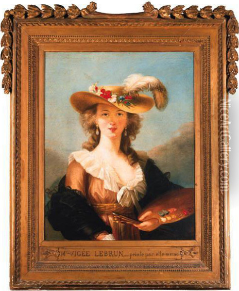 Portrait Of The Artist, Half-length, In A Straw Hat, Holdingbrushes And A Palette Oil Painting - Elisabeth Vigee-Lebrun