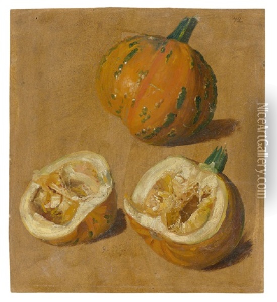 Study Of Two Pumpkins, One Cut In Half Oil Painting - Christian Friedrich Gille