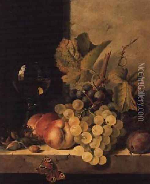 Grapes Peaches and a Wine Glass on a Ledge Oil Painting - Edward Ladell