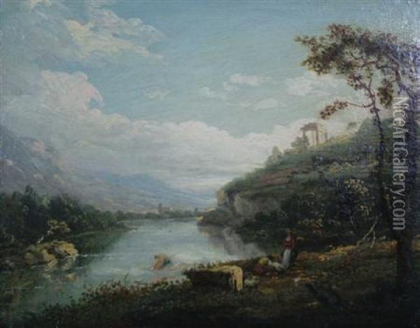 Washerwomen In Classical Landscape Oil Painting - Richard Wilson