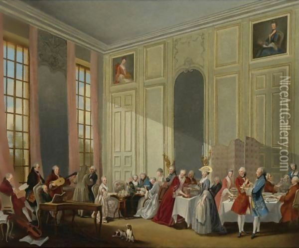Mozart Giving A Concert In The 'Salon Des Quatre-Glaces Au Palais Dutemple' In The Court Of The Prince De Conti Oil Painting - Michel-Barthelemy Ollivier