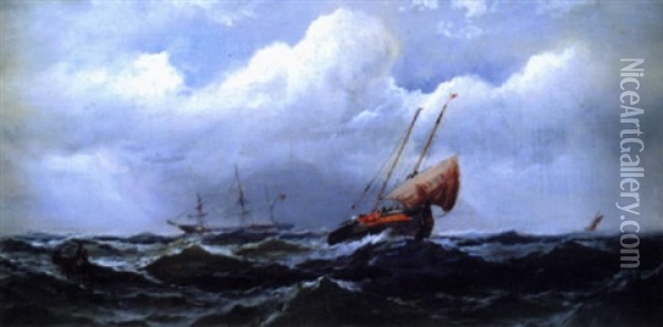 Ships In A Gale Oil Painting - James Hamilton
