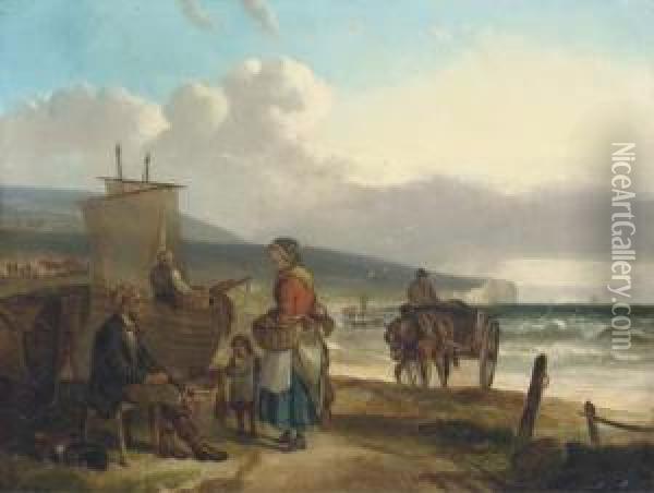 Fisherfolk On A Beach Oil Painting - Charles Waller Shayer