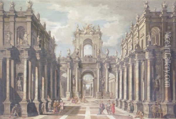 An Architectural Fantasy With Classical Figures Conversing And Contemporary Spectators Above Oil Painting - Ferdinando Galli Bibiena