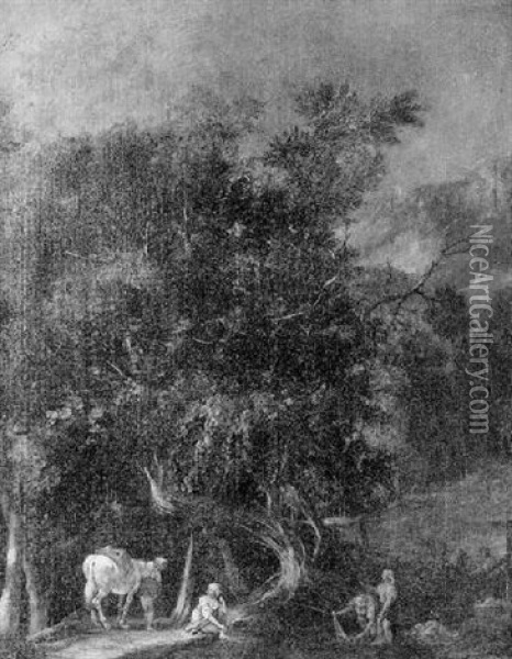 Washerwomen At A Woodland Pool Oil Painting - Gaspard Dughet