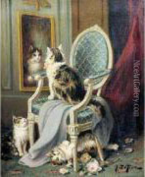 Les Chats Et Le Miroir. Oil Painting - Jules Le Roy