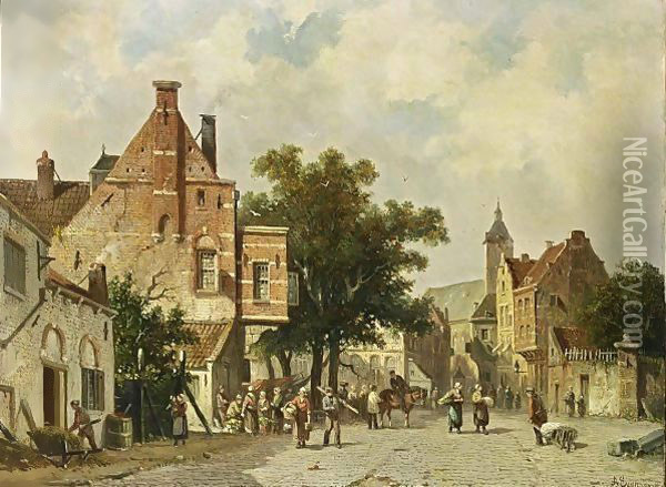 Townspeople On A Square Oil Painting - Adrianus Eversen