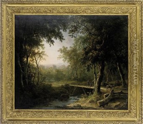 A Wooded River Landscape With A Traveller Crossing A Bridge, A Church Beyond Oil Painting - Abraham Pether