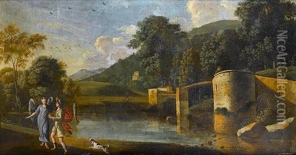 A River Landscape With Tobias And The Angel Oil Painting - Agostino Tassi