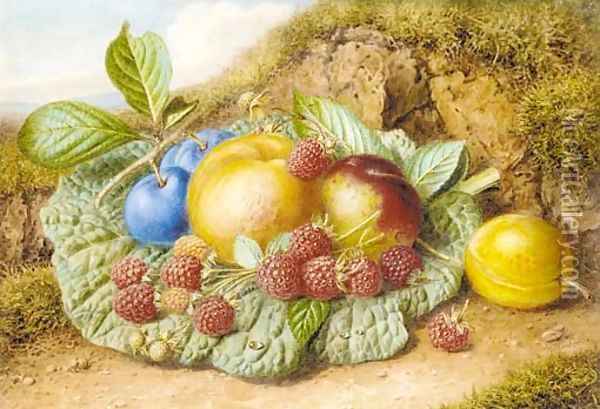 Still life with nectarines, raspberries and plums on a mossy bank Oil Painting - Augusta Innes Withers