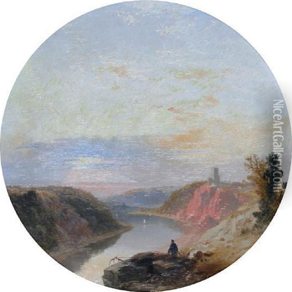Man Before A Landscape Overlooking A River, Thought To Be The River Avon At Clifton Oil Painting - James Baker Pyne