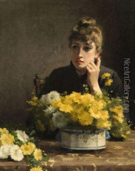 Autoportrait De L'artiste, Pensive Devant Un Bouquet De Fleurs Oil Painting - Fanny-Laurent Fleury