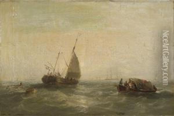A Dutch Hoy Towing A Long Boat Past Other Vessels Oil Painting - Frederick Calvert