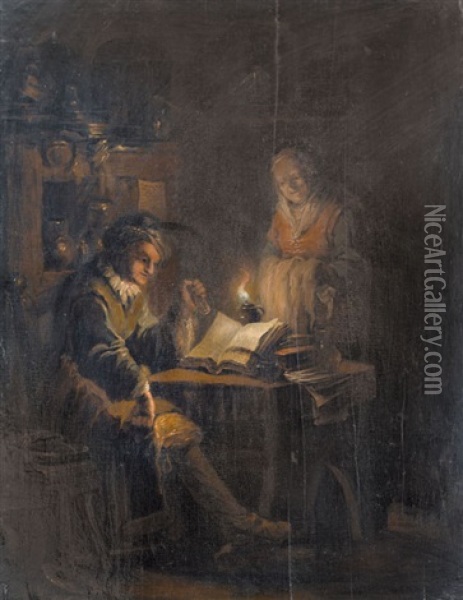 Nachtliches Interieur Mit Lesenden Und Alter Magd Oil Painting - Johann Conrad Seekatz