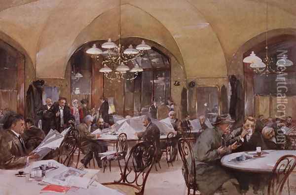 Cafe Griensteidl, Vienna, 1890 Oil Painting - Reinhold Volkel