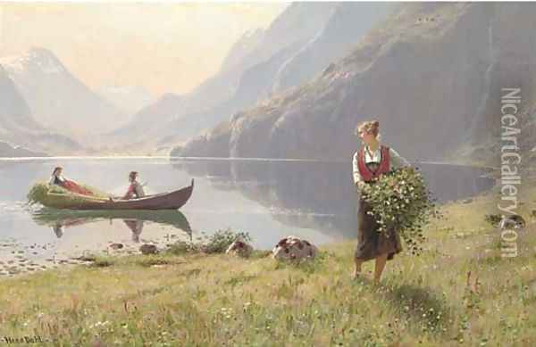 Harvesters by the banks of a fjord Oil Painting - Hans Dahl