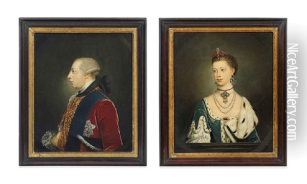 Portrait Of King George Iii (+ Portrait Of Queen Charlotte, Feigned Ovals; Pair) Oil Painting - Thomas Frye