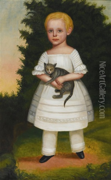 Full-length Portrait Of A Boy In A White Dress With Pantaloons, Holding A Gray Cat Oil Painting - Joseph Goodhue Chandler