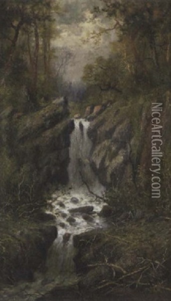 A Waterfall In A Wooded Landscape Oil Painting - Homer Dodge Martin