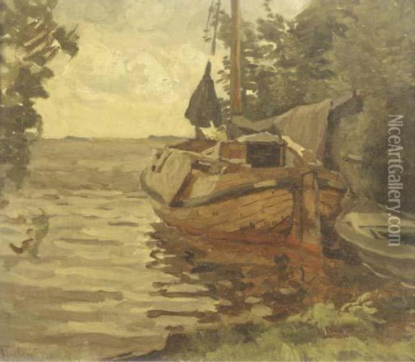 A Moored Barge Oil Painting - Willem Bastiaan Tholen