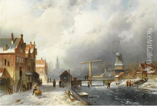 A Wintry Dutch Town With Skaters On A Frozen Canal Oil Painting - Charles Henri Leickert