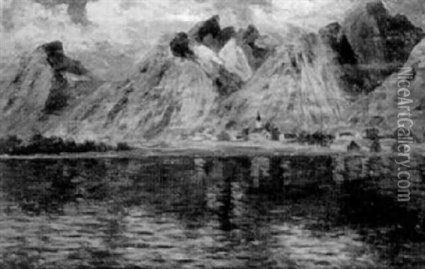 Alplandskap Med Kyrka Vid Sjo Oil Painting - Edmund Frederic Arthur Krenn