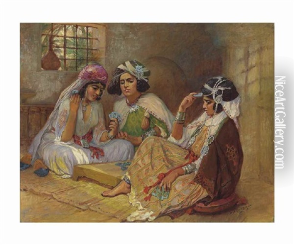 Joueuses Des Cartes, Touggourt, Algeria Oil Painting - Frederick Arthur Bridgman