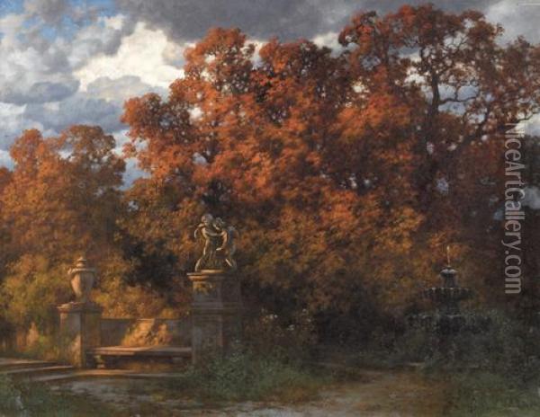 Herbstliche Parkpartie. Oil Painting - Hermann Traugott Rudisuhli