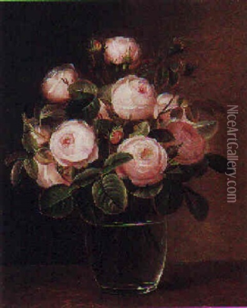 Rode Roser I En Glasvase Oil Painting - Lucie Marie Ingeman