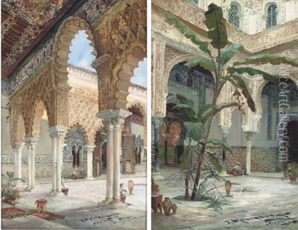 A Rest In The Alcazar, Seville (+ Another Similar; Pair) Oil Painting - Jose Montenegro Cappell