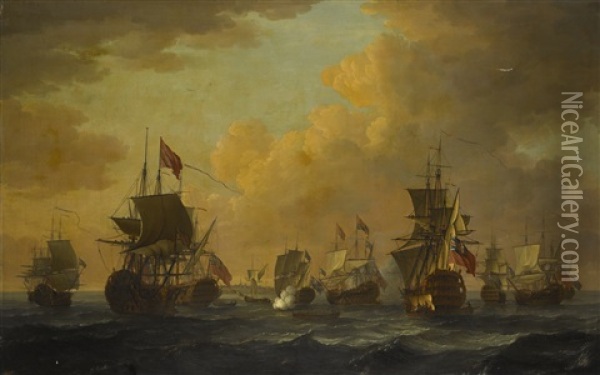 Shipping Off A Coast, With One Flying The Royal Standard, Another With A Vice Admiral Of The Red, Another With A Rear Admiral Of The Blue Oil Painting - John Cleveley