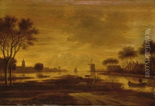 A River Landscape With A Village And A Windmill, A Boat With Fishermen To The Foreground Oil Painting - Rafael Govaertsz Camphuysen