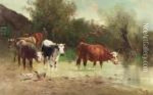 Watering Cows Oil Painting - Henry Schouten