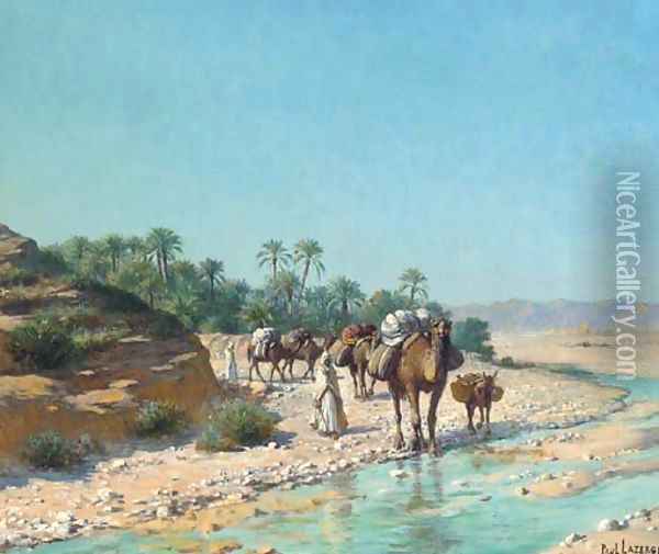 A camel train crossing a stream Oil Painting - Jean Baptiste Paul Lazerges