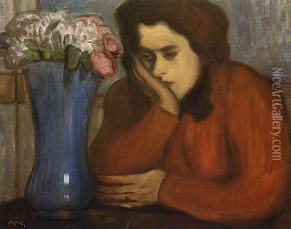 Pensive Woman with Vase of Flowers Oil Painting - Jozsef Rippl-Ronai