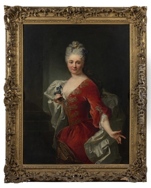 Portrait D'une Dame De Qualite A La Robe Rouge Oil Painting - Robert Levrac-Tournieres