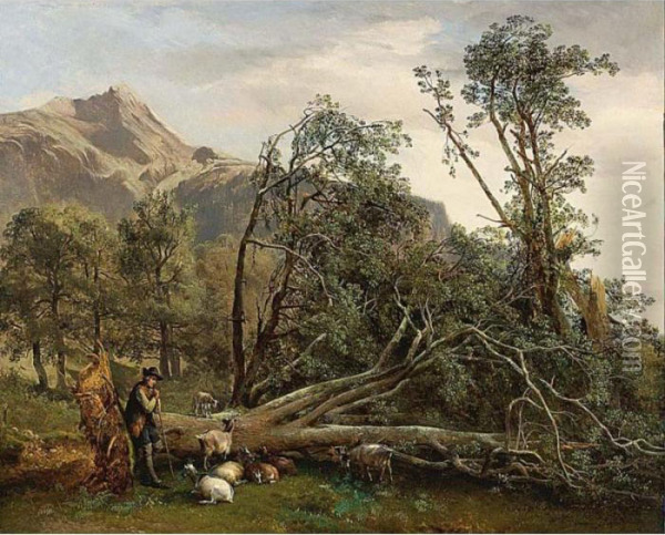 A Shepherd And His Flock In A Wooded Landscape Oil Painting - Eugene Joseph Verboeckhoven