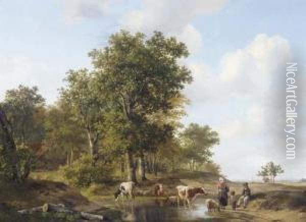 Peasants Conversing At The Edge Of A Forest On A Sunny Day Oil Painting - Hendrikus van den Sande Bakhuyzen