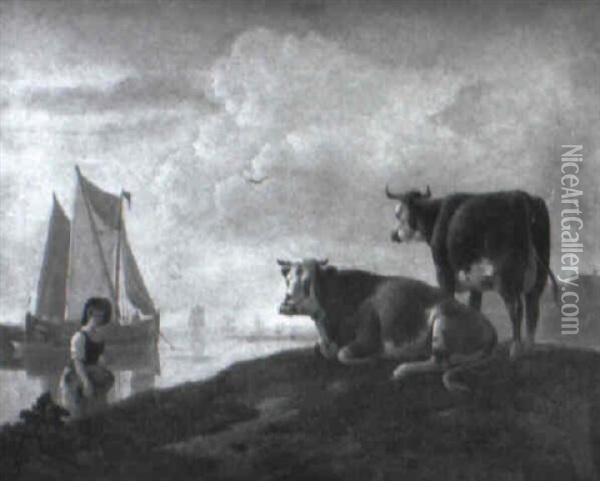 A Washerwoman On A Bank With Cattle Oil Painting - Leendert de Koningh the Younger