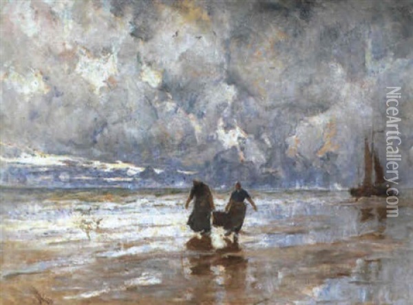 Strandgezicht Met Vissersvrouwen Oil Painting - Jean-Henri Luyten
