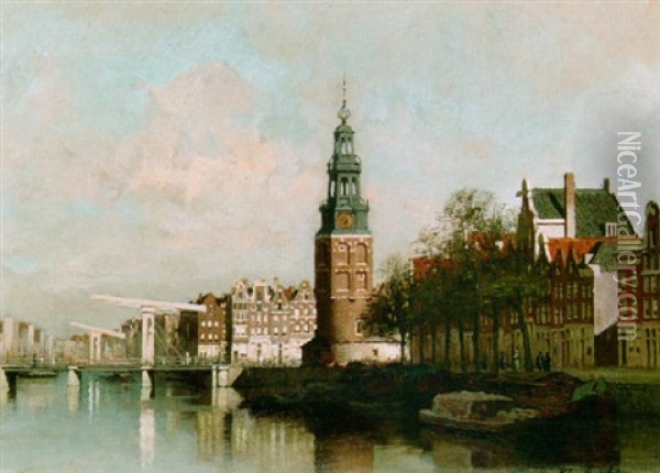 A View Of The Oude Schans With The Montelbaanstoren, Amsterdam Oil Painting - Johannes Christiaan Karel Klinkenberg