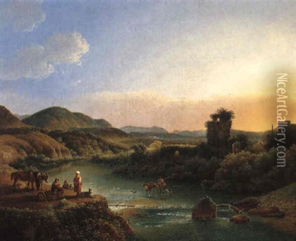 Peasants Resting On A Wooded Outcrop Above A River, With A Muleteer Oil Painting - Joseph Augustus Knip