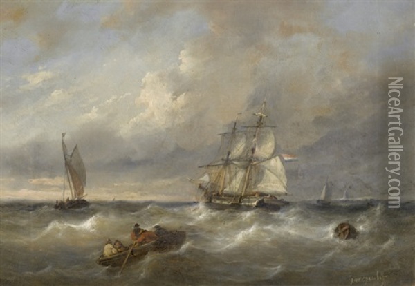Segelschiffe Und Ruderboot Auf Rauer See Oil Painting - George Willem Opdenhoff