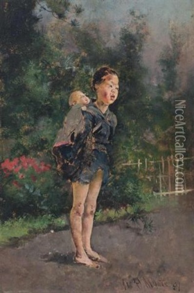 Japanese Boy And Baby Oil Painting - Harry Humphrey Moore