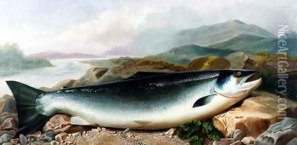 Still Life of a Salmon on a Riverbank in a Mountainous Landscape Oil Painting - John Russell