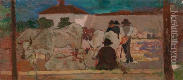 Herdsmen And Cattle Oil Painting - Oscar Ghiglia